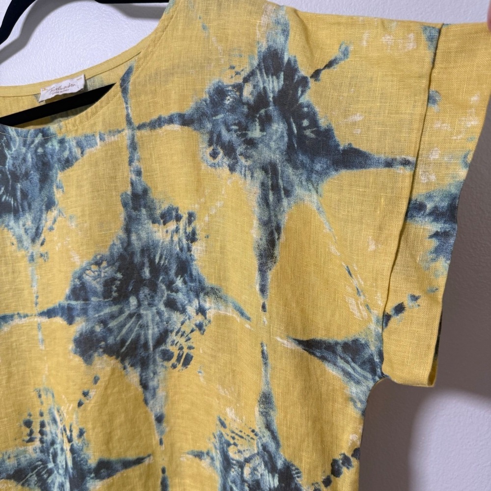 Bellambra Made in Italy 100% Linen Top Mustard Teal Shibori Print Womens Large - Picture 3 of 11